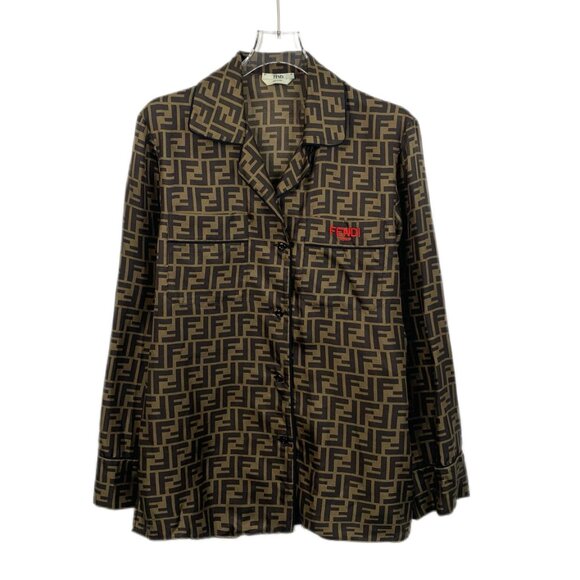 Fendi Brown Logo Print Silk Collared Long-Sleeve Shirt